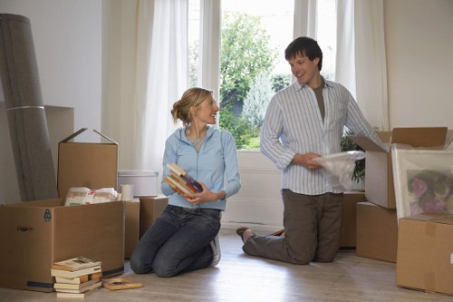 Business relocation support with labelled boxes and office items