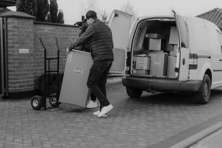 Two men are involved in a home relocation process outside a residential property, loading large cardboard boxes and appliances onto a white commercial van equipped for furniture transport. They are ha
